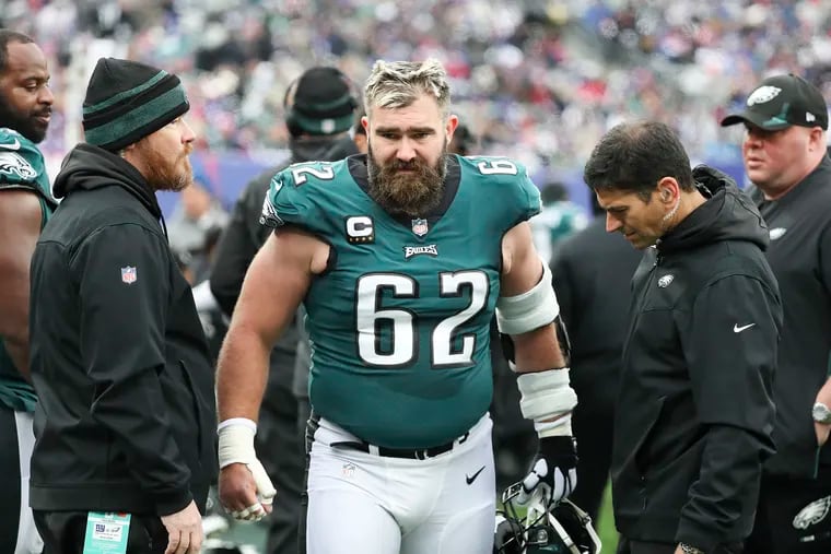 Eagles center Jason Kelce grimaces after leaving the game in the first quarter New York Giants on Sunday, November 28, 2021 at MetLife Stadium in East Rutherford, New Jersey.  Kelce left the game after getting injured.