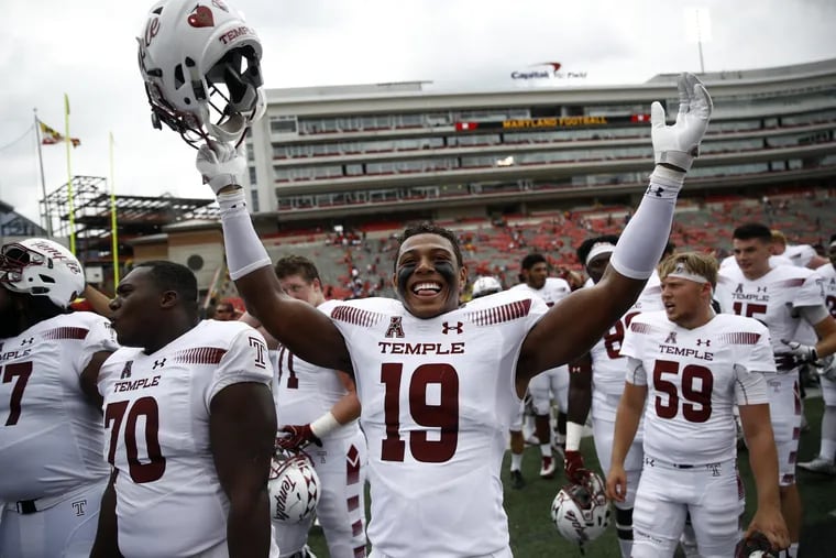 Temple linebacker Isaiah Graham-Mobley celebrates the Owls' win over Big Ten opponent Maryland on Saturday.