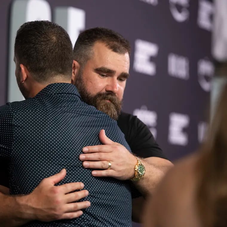 Jason Kelce hugs Eagles head coach Nick Sirianni as he arrives at the premier of Jason Kelce’s documentary at Suzanne Roberts Theater in Philadelphia on Friday, Sept. 9, 2023.