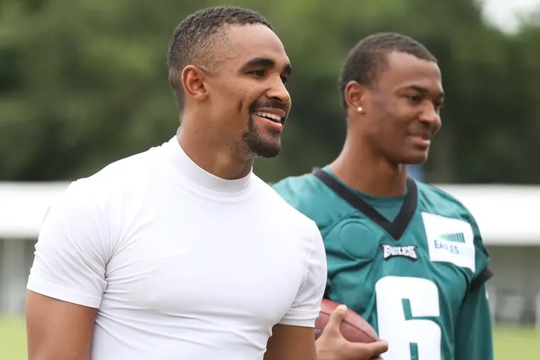 The jerseys for quarterback Jalen Hurts (left) and rookie wide receiver DeVonta Smith jumped in popularity after the Eagles' Week 1 victory.