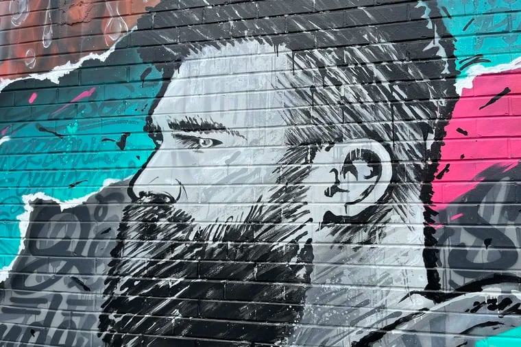 A close-up look at the Jason Kelce mural at the Dunkin' on West Chester Pike in Havertown.
