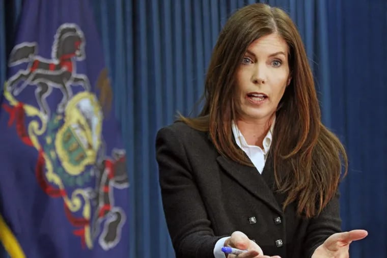 Pa. Attorney General Kathleen Kane says she's limited by HR policies and labor agreements on naming her employees who sent porn e-mails . MICHAEL BRYANT / Staff Photographer