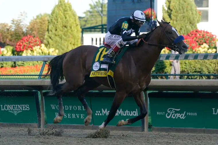 Jockey John Velazquez rides Authentic to victory in the Kentucky Derby on Sept. 5. The horse is Dick Jerardi's pick to win the Classic at the Breeders' Cup on Saturday.