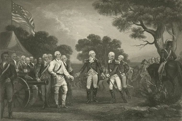 Surrender of Burgoyne's Army at Saratoga, Oct. 17, 1777, engraving after painting by Trumball (undated).