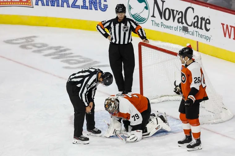 Flyers goaltender Carter Hart was injured Wednesday night against the Buffalo Sabres.