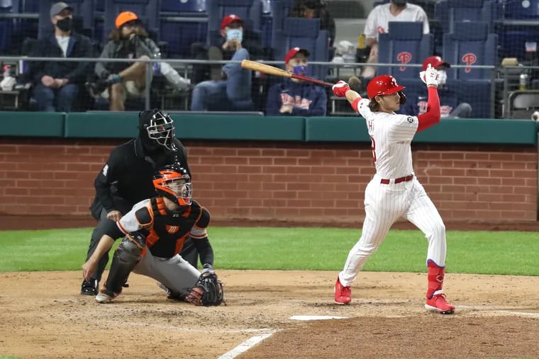 Alec Bohm of the Phillies hits a home run against the Giants on April 20.