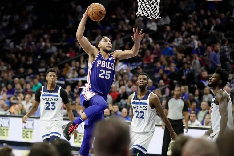 Sixers Ben Simmons about to dunk the basketball against Minnesota last week. Both teams are in the top five of the power rankings.