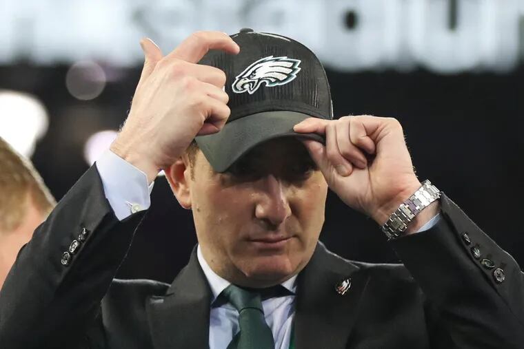 Eagles vice president Howie Roseman points to his hat before the trophy ceremony for Super Bowl LII, at U.S. Bank Stadium in Minneapolis, Minnesota, Sunday, Feb. 4, 2018. The Eagles won 41-33. TIM TAI / Staff Photographer