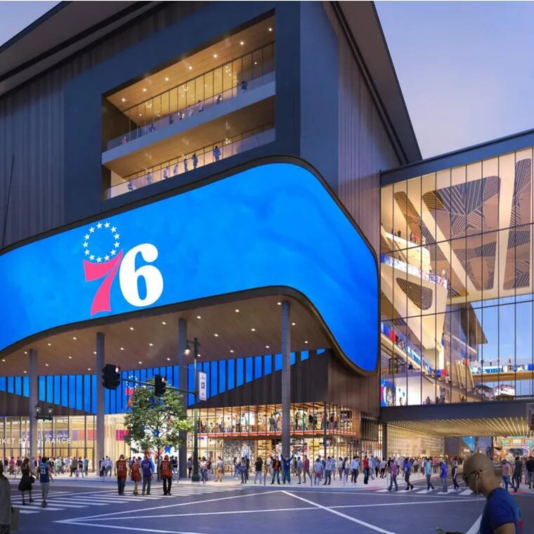 A rendering of the 76ers proposed arena for Center City, as seen from 10th and Market Streets.