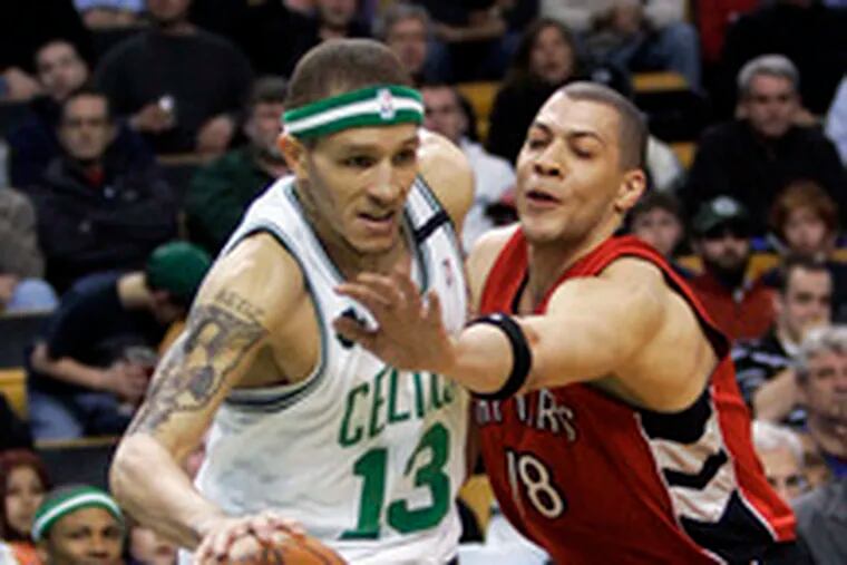 Boston&#0039;s Delonte West drives against Toronto&#0039;s Anthony Parker. The Sixers face St. Joe&#0039;s product West and the Celtics tonight at home.