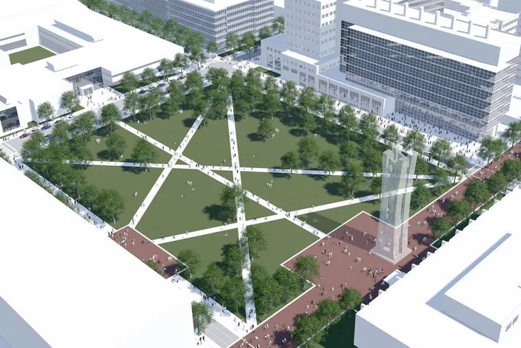 Rendering of new Temple Expanded Quad  - a new block-long green campus area next to where Bell Tower is now.