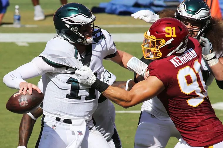 Carson Wentz was sacked a career-high eight times in the Eagles' 27-17 loss to the Washington Football Team in Week 1.