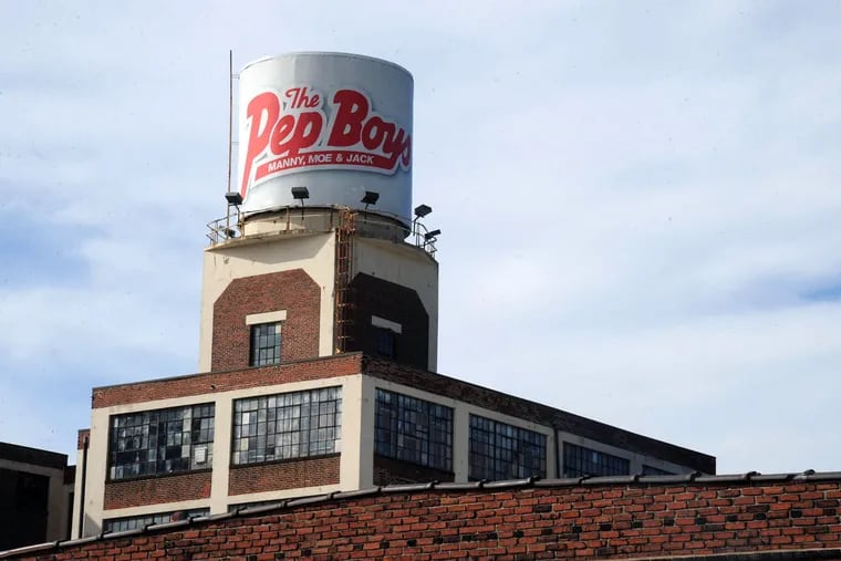 The Pep Boys sign on top of the headquarters on Allegheny Avenue, where 500 work.