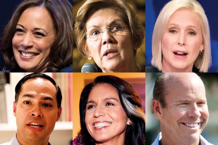 The six Democrats who have announced their 2020 presidential bids as of Jan. 21, 2019 (clockwise from top left): Kamala Harris, Elizabeth Warren, Kirsten Gillibrand, John Delaney, Tulsi Gabbard, and Julian Castro.