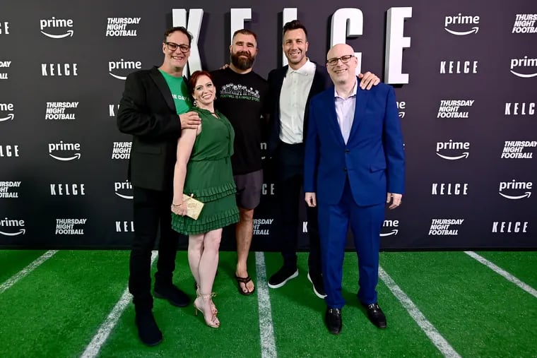 Director Don Argott, producer Sheena Joyce, Jason Kelce, Connor Barwin, and Larry Platt attend the "Kelce" premiere on Sept. 8, 2023. (Photo by Lisa Lake/Getty Images for Prime Video)