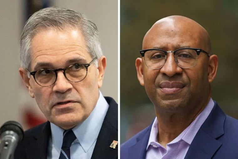 On Monday, District Attorney Larry Krasner (left) remarked at a press briefing that Philadelphia isn't facing a crisis of violence.  Former Mayor Michael A. Nutter (right) responded in a strongly worded op-ed.