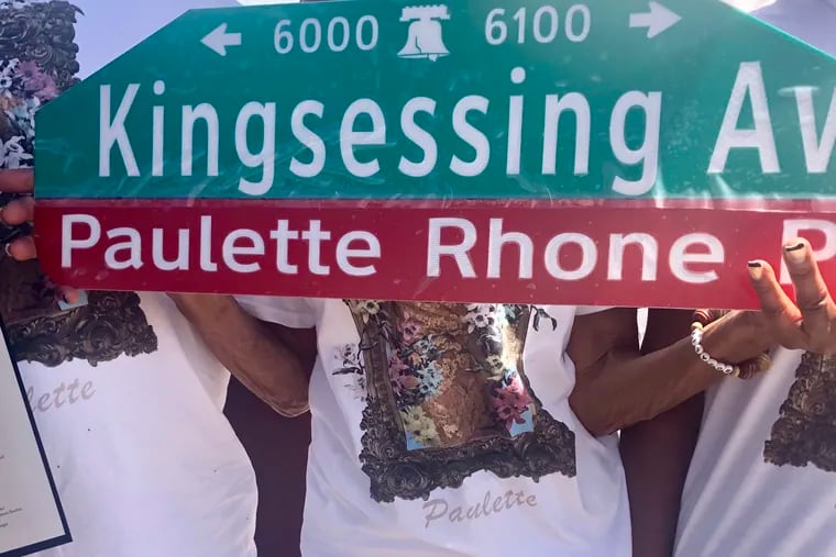 Kingsessing Avenue, at 61st Street in Southwest Philadelphia, was formally renamed Saturday as Paulette Rhone Place, after the longtime city activist and advocate for cleaning up nearby Mount Moriah Cemetery. Rhone, 64, died Feb. 11 from a heart attack.