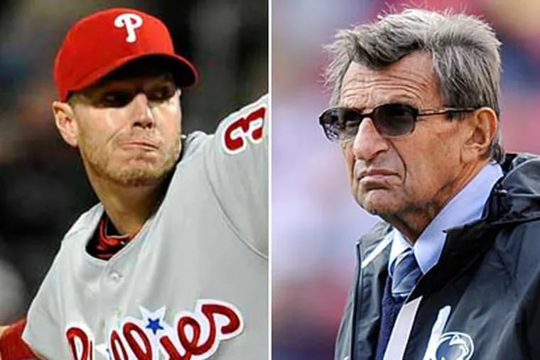 Roy Halladay and Joe Paterno are busy in Clearwater, working hard during preparations. (Staff and AP Photos)