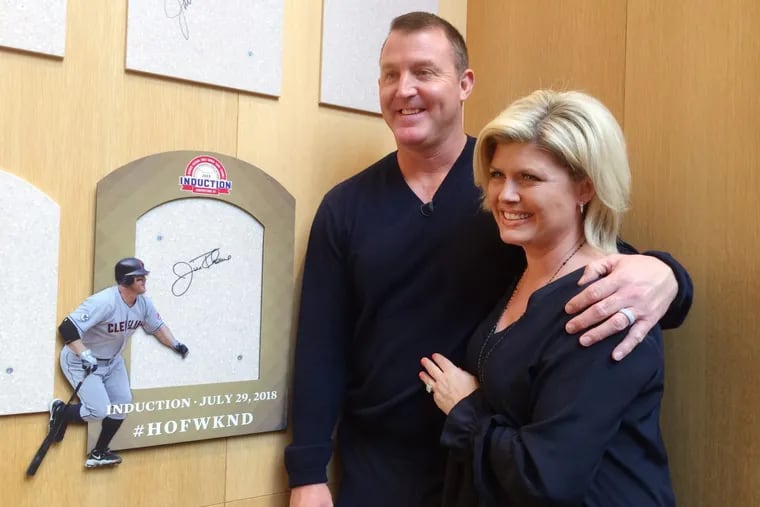 Jim Thome and his wife Andrea pose in the Plaque Gallery during his orientation tour of the National Baseball Hall of Fame and Museum in Cooperstown, N.Y.