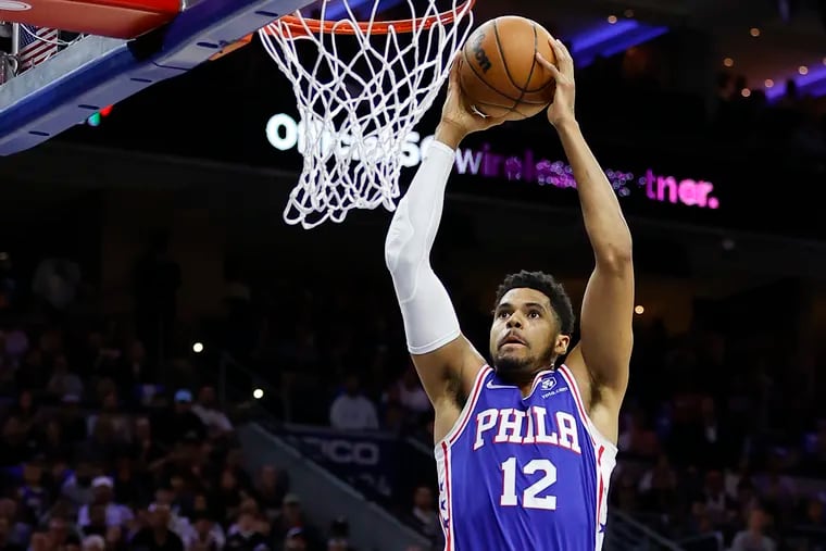 Sixers forward Tobias Harris rising to dunk the basketball against the Miami Heat during Game 6 of the second-round Eastern Conference playoffs.
