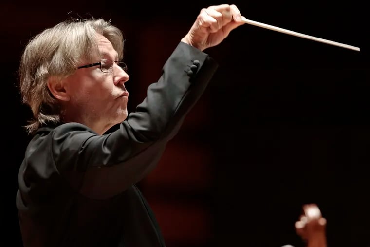 Conductor Esa-Pekka Salonen leading the Philadelphia Orchestra in Verizon Hall Thursday night.