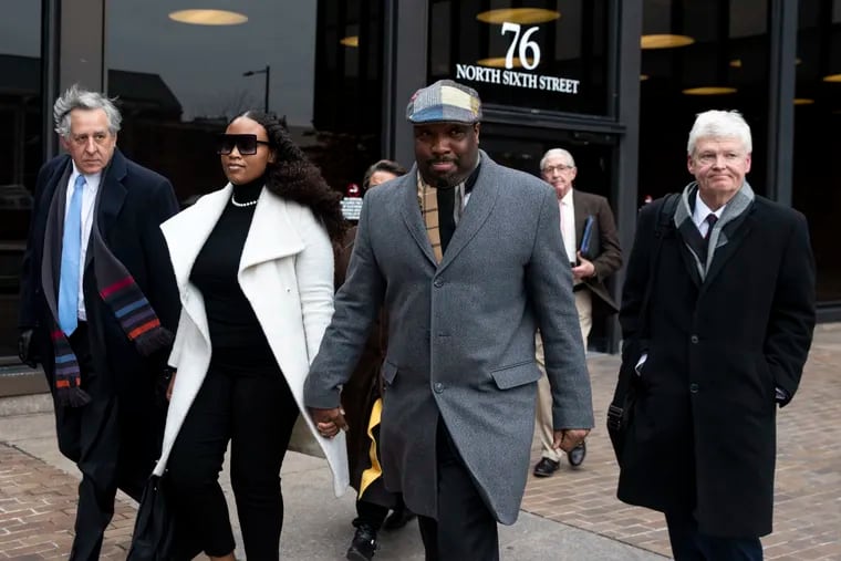 Dawn Chavous and Philadelphia City Councilperson Kenyatta Johnson leave the federal courthouse after pleading not guilty to federal corruption charges in Philadelphia on Friday, Jan. 31, 2020.