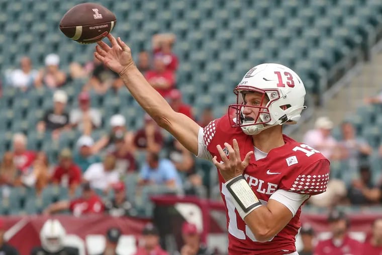 Temple Owls quarterback E.J. Warner throws the ball in the second quarter against Lafayette.