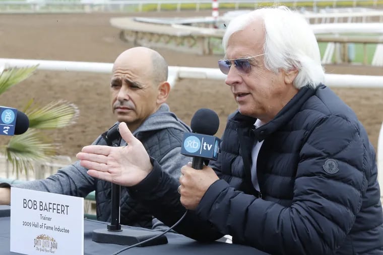 Jockey Mike Smith, left, and trainer Bob Baffert at a May press conference at Santa Anita Park in Arcadia, Calif. 