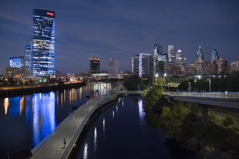 The Philadelphia skyline seen from the South Street Bridge over the Schuylkill River.