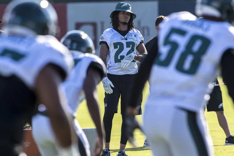 Eagles injured rookie cornerback Sidney Jones can only watch training camp activities August 1, 2017. CLEM MURRAY / Staff Photographer