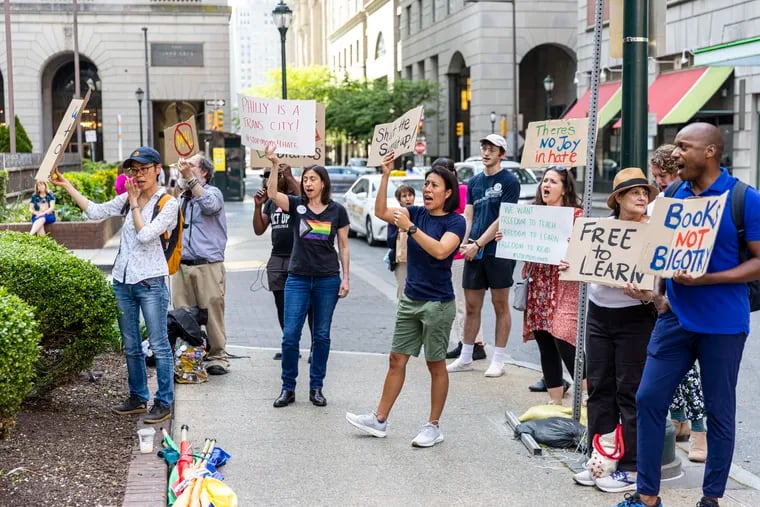 Protesters outside of the Philadelphia Marriott Downtown in May, decrying the scheduled Moms for Liberty summit scheduled for June. A protest is scheduled for outside the Museum of the American Revolution on June 9.