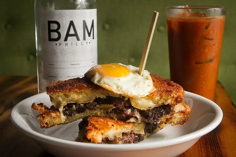 Bloody Mary and Braised Beef Cheek Grilled Cheese at Brick and Mortar restaurant.