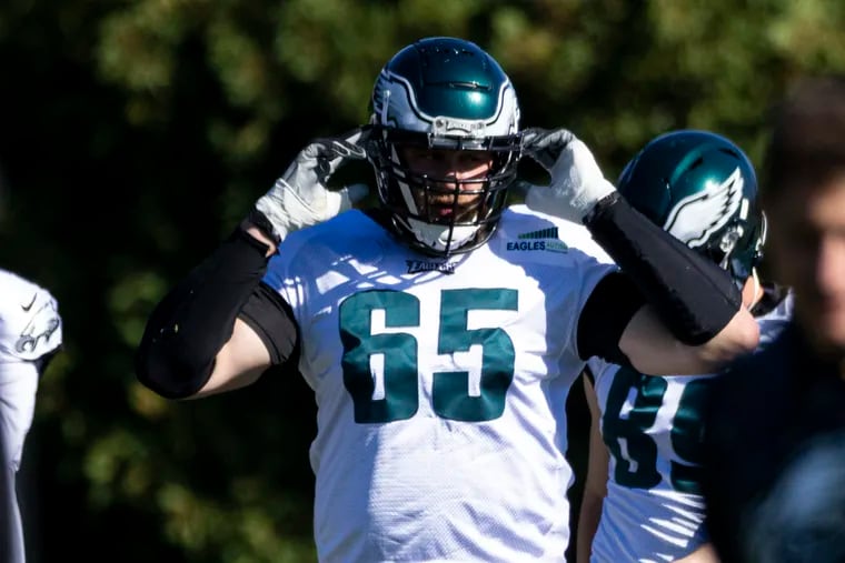 Philadelphia Eagles Tackle Lane Johnson, (65), is back practicing with his fellow teammates on Wednesday at the NovaCare Complex on Oct. 20, 2021.