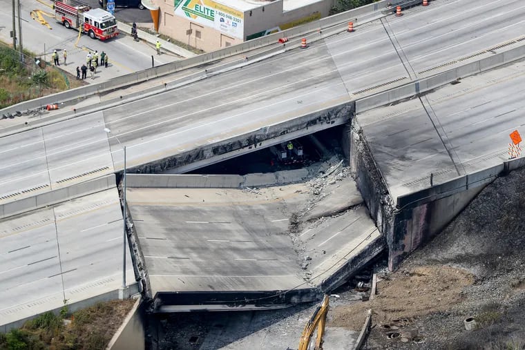 A view of the collapsed portion of I-95 near the Cottman Avenue exit in Northeast Philadelphia.