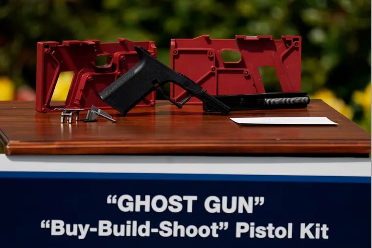 A 9 mm pistol build kit with a commercial slide and barrel with a polymer frame is displayed during an event in the Rose Garden of the White House in Washington, Monday, April 11, 2022. President Joe Biden announced a final version of its ghost gun rule, which comes with the White House and the Justice Department under growing pressure to crack down on gun deaths.