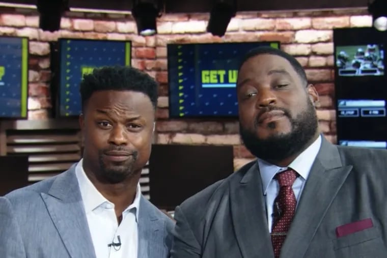 ESPN NFL analysts Bart Scott (left) offered to shave off one of his eyebrows if the Eagles manage to defeat the 49ers on Sunday. Colleague Damien Woody (right) was noncommittal.