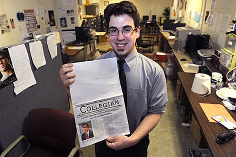 LaSalle University's Vinny Vella, editor and chief of the Collegian school newspaper, with the "See Below the Fold" edition. (Sharon Gekoski-Kimmel / Staff Photographer)