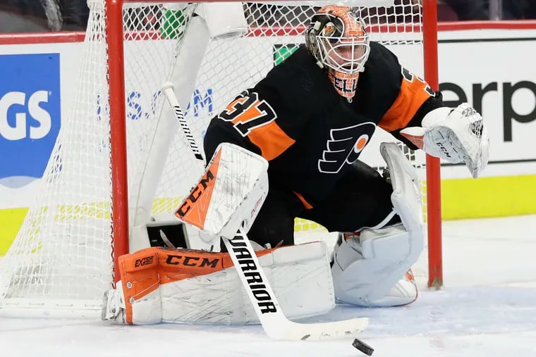 Flyers goaltender Brian Elliott, who was superb in Saturday's shootout, makes a stop against Toronto. The Flyers fell in a shootout, 4-3.