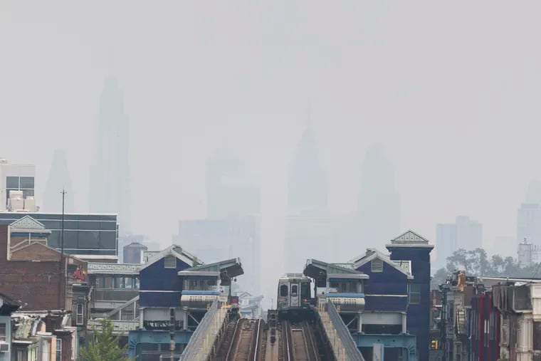 A smokey haze covers the Center City skyline from the 63rd and Market Station due to the Canadian wildfires that’s covering much of the Northeast in Philadelphia, Pa., on Wednesday, June, 7 2023.