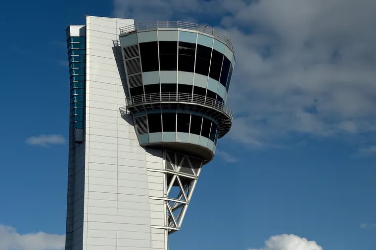 The control tower at Philadelphia International Airport. PHL has service to destinations in the United States, Canada, the Caribbean, Latin America, Europe, and the Middle East.