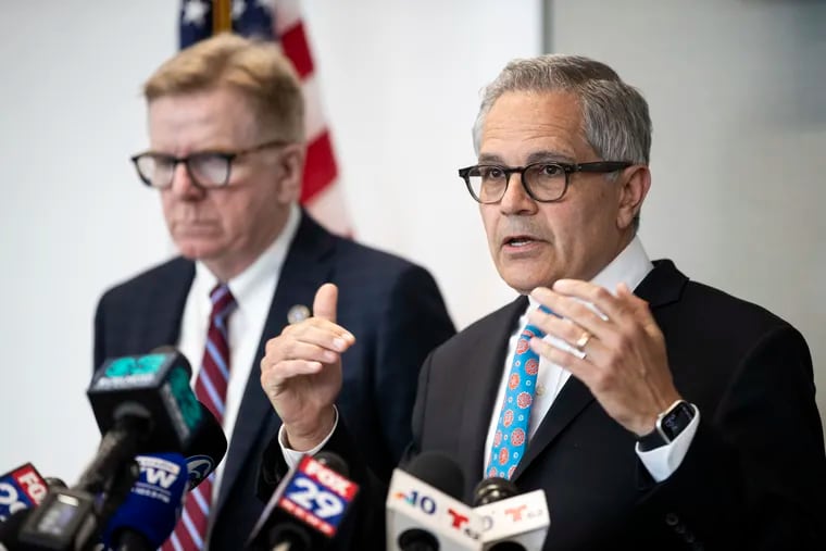 Philadelphia District Attorney Larry Krasner speaks during a press conference Monday after a Pennsylvania State Trooper shot and killed 18-year-old Anthony Allegrini Jr. on I-95.