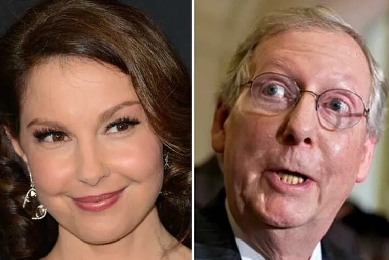 Mother Jones magazine released an exchange of Senate GOP leader Mitch McConnell's aides discussing potential Democratic rival Ashley Judd's vulnerabilities. (AP Photos)