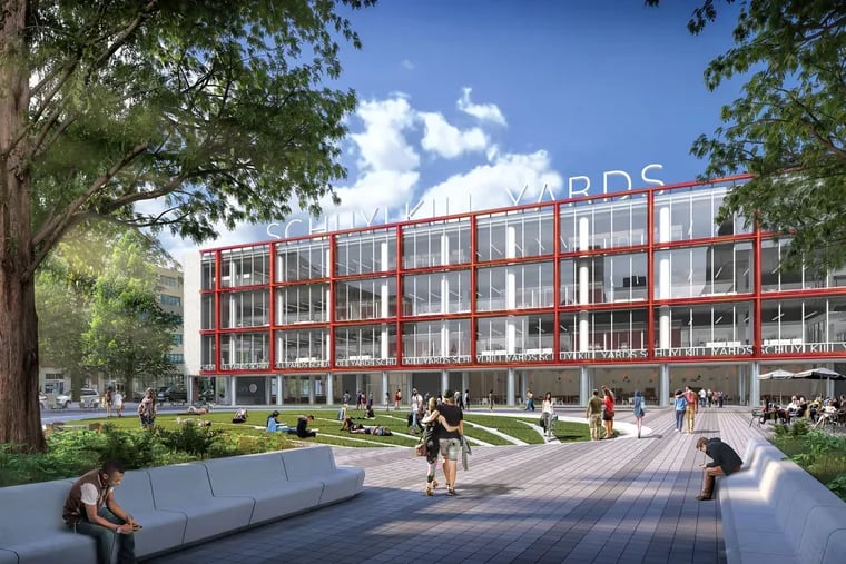 As part of a makeover and modernization of the former Bulletin Building for Brandywine Realty Trust, Kieran Timberlake would replace the glass and brick facade with a glass wall and red frame. The building is set off by a new park called Drexel Square, which opens June 10.