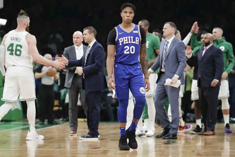 Sixers guard Markelle Fultz walks to the bench during a timeout against the Boston Celtics on Tuesday, October 16, 2018 in Boston.