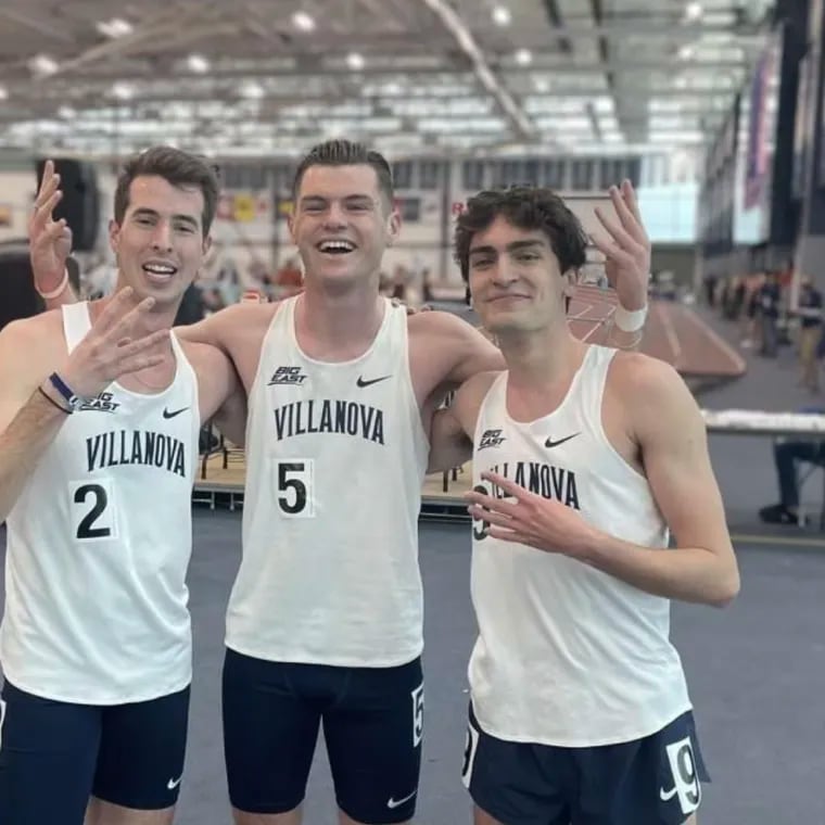 From left to right: Villanova's Sean Dolan, Charlie O'Donovan and Liam Murphy celebrate after all three broke 4:00 in the mile at Penn State last year.