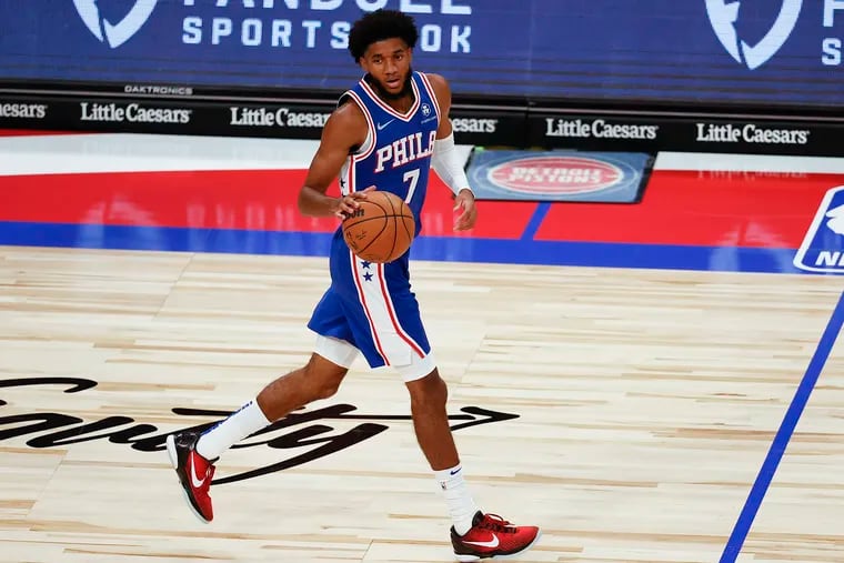 Sixers guard Isaiah Joe dribbles the basketball against the Detroit Pistons during a preseason game on Friday, October 15, 2021 in Detroit.