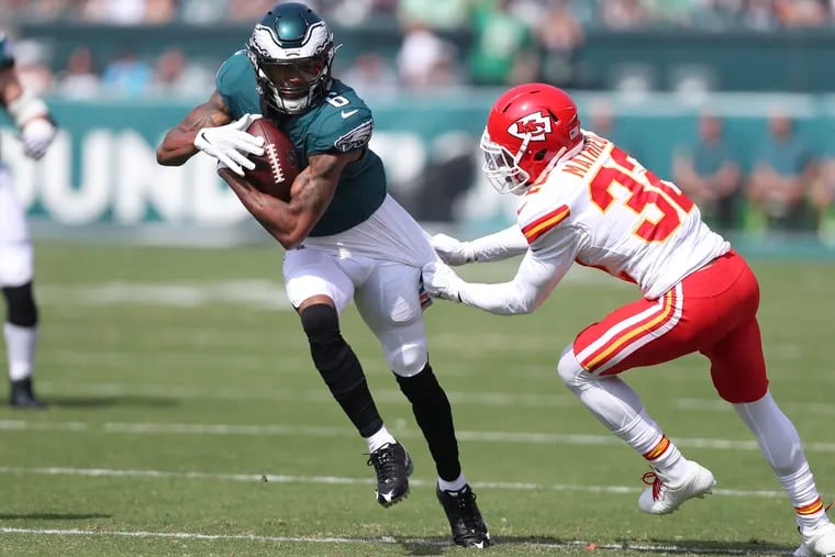Kansas City Chiefs free safety Tyrann Mathieu (32) gets his hands on Philadelphia Eagles wide receiver DeVonta Smith (6) during the first quarter Sunday, October 3, 2021 at Lincoln Financial Field in Philadelphia.