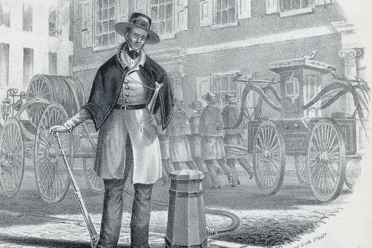 Detail from an 1842 lithograph for Francis Johnson's composition, "The Philadelphia Firemen's Anniversary Parade March," depicting a firefighter of Johnson's day.