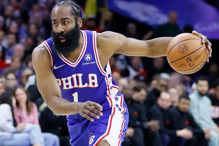 Sixers guard James Harden dribbles the basketball against the Toronto Raptors during game five of the first-round Eastern Conference playoffs on Monday, April 25, 2022 in Philadelphia.