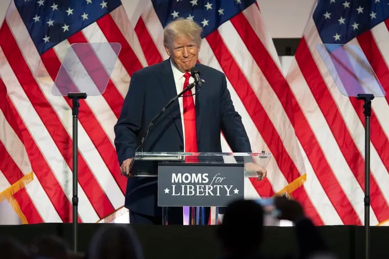 Former president Donald Trump speaks on Friday, June 30, 2023, during Moms for Liberty Annual Summit in Philadelphia, Pa.